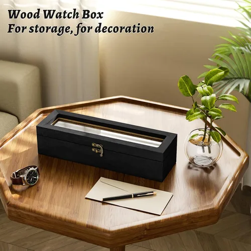 Miniatura 4 de SRIWATANA Caja de reloj organizadora de 6 ranuras para hombres y mujeres, exhibición de madera con tapa de vidrio, regalos para seres queridos