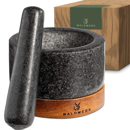 WALDWERK Mortero y Maja - Juego de mortero y maja con base de madera de acacia antiarañazos - Mortero con maja extra grande de granito natural -