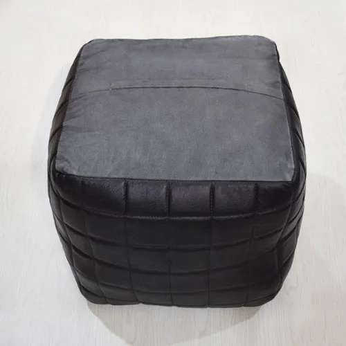 Miniatura 7 de Rugsotic Carpets Puf cuadrado geométrico hecho a mano de cuero de cabra 18"x18"x18" (relleno de algodón reciclado) color negro PF23
