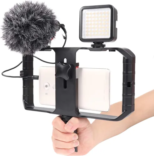 FocusFoto PRO U-Rig - Soporte estabilizador para cámara de video para teléfono inteligente, agarre estabilizador con micrófono mejorado por-MM1+,
