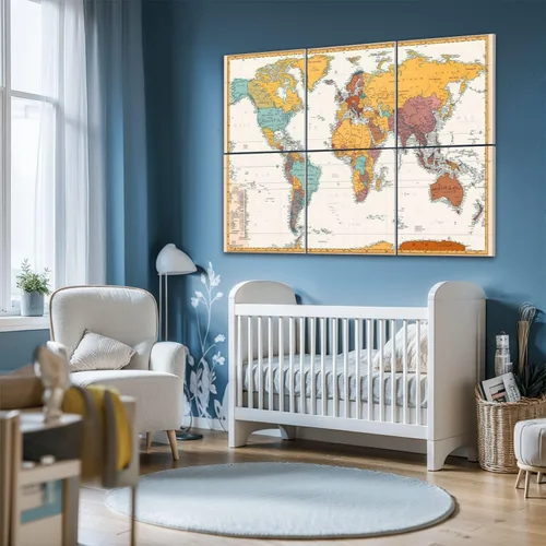 Miniatura 6 de Paneles acústicos artísticos antiguos de color retro con mapa político del mundo están separadas claramente, paquete de 6 paneles de pared