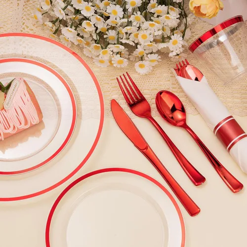 Miniatura 3 de BESTSTAR Juego de 350 platos desechables transparentes y rojos para 50 invitados, 100 platos de plástico, 50 vasos de plástico, 50 servilletas