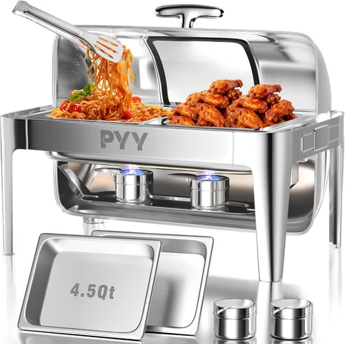 Juego de buffet de platos de roce PYY con tapa enrollable, juego de 9 cuartos de galón de servidor de roce de acero inoxidable para catering, chafer