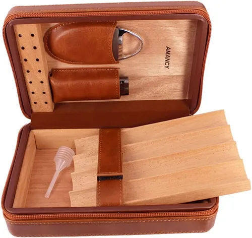 Miniatura 3 de AMANCY Elegante funda de humidor de 4 puros con forro de madera de cedro marrón marrón hecha a mano con 3 encendedores y cortador de cigarrillos