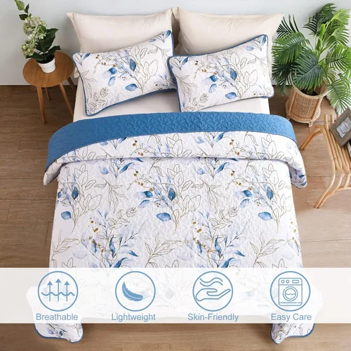 Miniatura 2 de Anibedding Juego de edredón azul tamaño King, 3 piezas reversible, elegante patrón de hojas botánicas azules, colcha de microfibra suave para toda