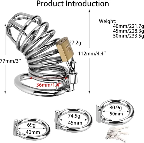 Miniatura 2 de Jaula para el pene con dispositivos de castidad masculina, juguete sexual de jaula con cerradura, jaula de castidad de metal grande con 3 anillos