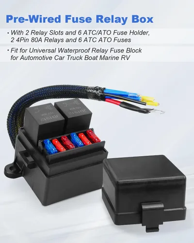 Miniatura 2 de Caja de relés de fusibles impermeable universal con diseño precableado, 2 ranuras de relé y 6 portafusibles ATC/ATO, 2 relés de 4 pines 80A y 6