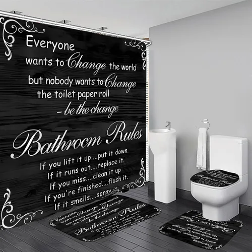 Miniatura 10 de Juego de cortinas de ducha familiares AZHM Negro para baño con cortina de ducha y alfombras y accesorios Decoración de baño con cortina y 12 ganchos