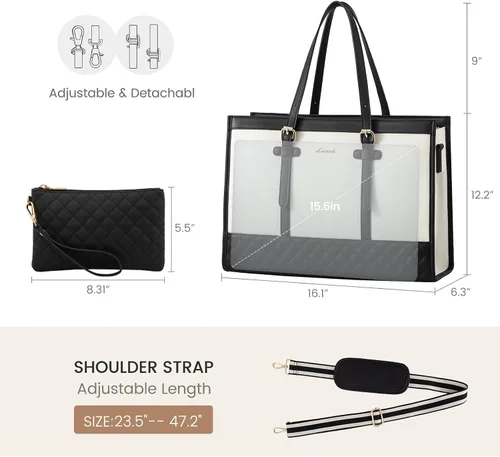 Miniatura 4 de LOVEVOOK Bolsa para Laptop para Mujeres de 15.6 pulgadas Bolsa Tote de Lona para Laptop, Bolsa de Trabajo de Gran Capacidad con Cartera Clutch