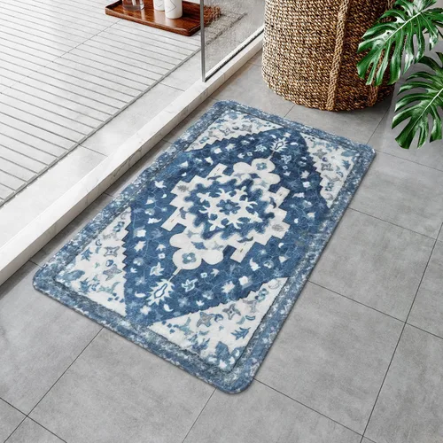 Miniatura 6 de Uphome Alfombra de baño vintage, azul, bohemio, antideslizante, oriental, suave, lavable a máquina, lindas alfombras de baño tribales florales
