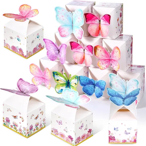 Ctosree 24 cajas de regalo de fiesta de mariposa, bolsas de dulces florales, caja de papel de regalo de mariposa rosa para niña, decoración azul