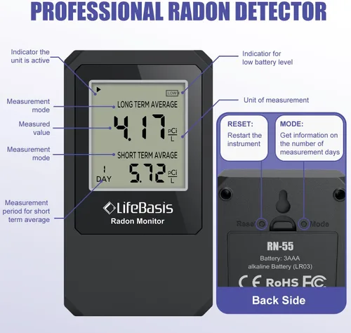 Miniatura 5 de Life Basis - Detector de radón para el hogar, probador de radón portátil para el hogar con monitoreo de radón a largo y corto plazo, rango de 0-500