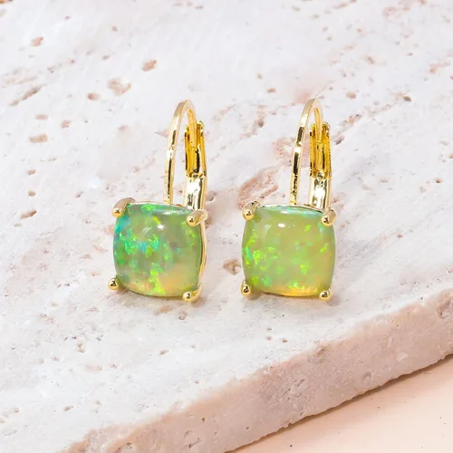 Miniatura 4 de CiNily Aretes colgantes para mujeres y niñas, hipoalergénicos, chapados en oro de 14 quilates, aretes con dije cuadrado de ópalo, aretes de palanca