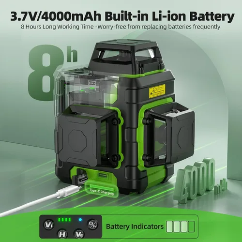 Miniatura 4 de Huepar Nivel láser 360 autonivelante, nivelador láser de línea cruzada verde recargable 3x360°, herramienta láser de nivel 3D para construcción