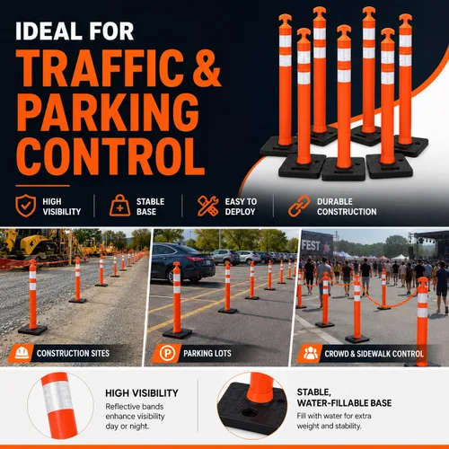 Miniatura 3 de BESEA 6 Pack 36" Traffic Delineator Cones with Water-Fillable Base, Orange Reflective Safety Delineator Posts for Construction, Parking Lots, Road