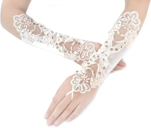 Miniatura 2 de JISEN Guantes de satén sin dedos de los años 20 para mujer, para banquete, fiesta, elegante, con encaje, bordados, para novia, 11 pulgadas