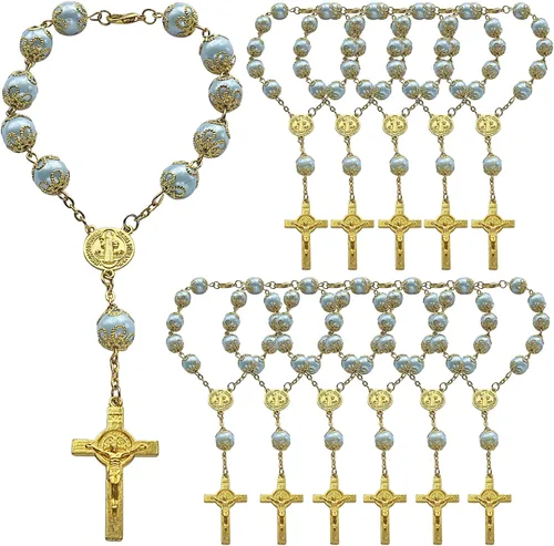 12pcs azul sintética Pearl Decenio Rosario Party Favor – Favor para bautizo, Primera Comunión, Bautismo, Boda, Sweet 15 – Recuerdos para Primera