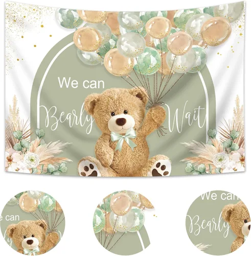 Miniatura 2 de Telón de fondo de oso para baby shower, 7 pulgadas de ancho x 5 pulgadas de alto, con texto en inglés «We Can Bearly Wait» con globos verdes