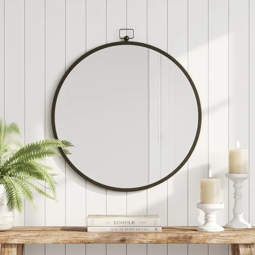 Barnyard Designs Espejo redondo de pared de tocador de baño de 24 pulgadas con colgador de cerradura, marco de metal circular para dormitorio o