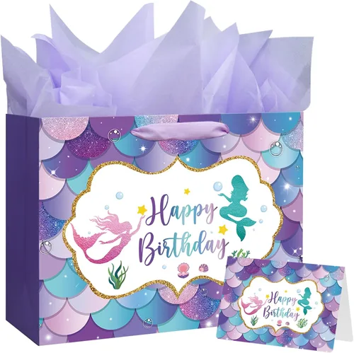 Miniatura 7 de Laidans Bolsa grande de regalo de cumpleaños de sirena de 13 pulgadas con asa, papel de seda y tarjeta para niños y niñas (13 pulgadas morado)