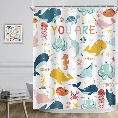 Miniatura 3 de Riyidecor Ocean - Cortina de ducha para niños, 60 pulgadas de ancho x 72 pulgadas de alto, diseño de ballena, dibujos animados, animales, delfín