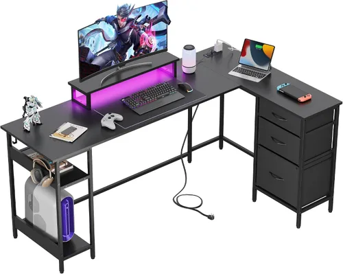 Miniatura 14 de DEVAISE Escritorio para juegos en forma de L de 48 pulgadas con cajones y almacenamiento, escritorio de esquina con luces LED, tomas de corriente
