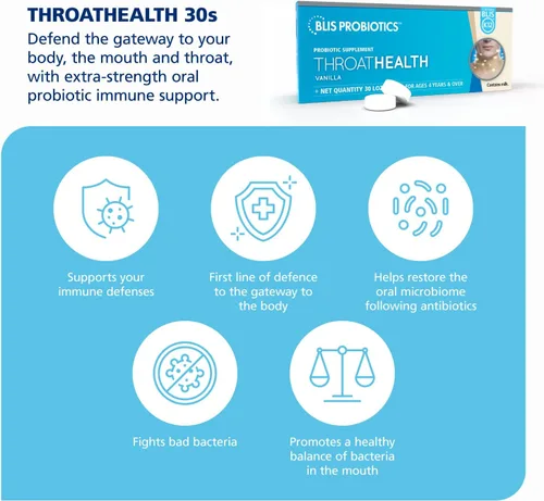 Miniatura 5 de BLIS ThroatHealth Probióticos orales K12 - Apoyo inmunológico y de garganta, vainilla - 30 pastillas, 2.5 mil millones de UFC