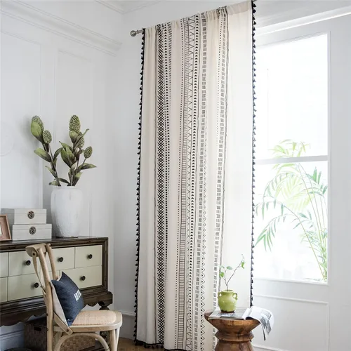 Miniatura 10 de Deeprove Cortinas bohemias para dormitorio, rayas huecas de ganchillo crema y estampado floral, tela de lino de algodón, con borlas beige bohemias