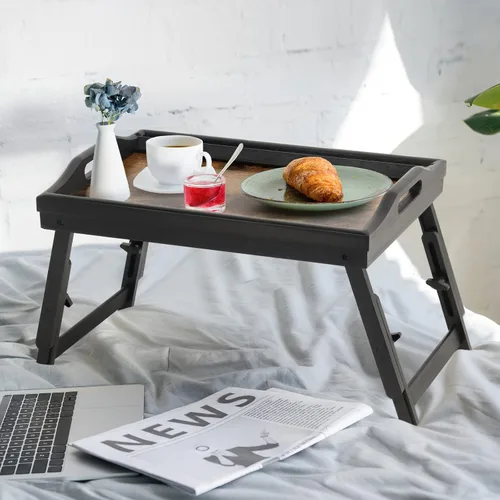 Miniatura 2 de Paquete de 2 bandejas de cama para mesa de desayuno, bandejas de servicio de altura ajustable para comer, bandeja de bambú para laptop con patas
