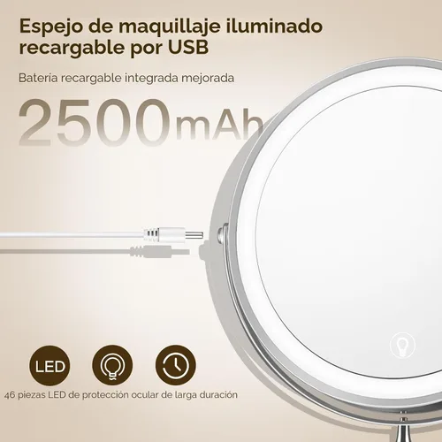 Miniatura 3 de MNIENT Espejo de maquillaje iluminado montado en la pared, espejo de aumento recargable de doble cara de 8 pulgadas, 1x/10x, espejo de tocador LED