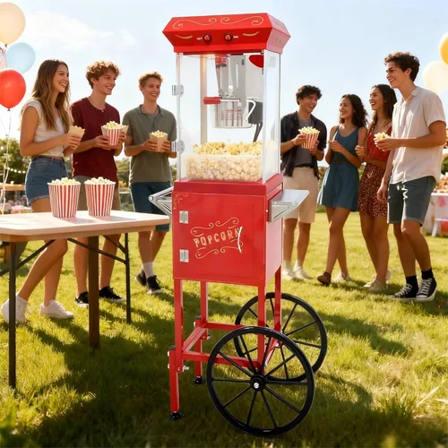 Máquina de palomitas de maíz con carrito de 9 onzas, estilo retro de teatro, hace 36 tazas por lote, hervidor y ruedas de acero inoxidable, para