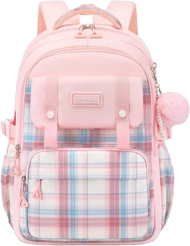 Miniatura 10 de Linda mochila universitaria para laptop para mujer, bolsa de computadora estética de gran capacidad, mochila kawaii rosa con colgante (beige)