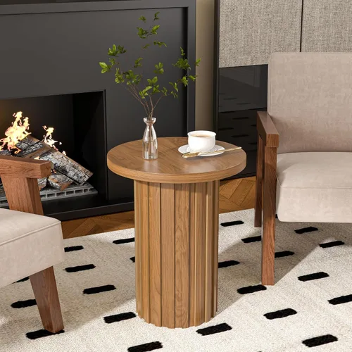 Miniatura 5 de Fsbecl Mesa auxiliar de pedestal de granja, mesa auxiliar redonda con panel estriado, mesa rústica para bebidas para sala de estar de espacio