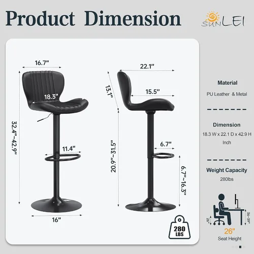 Miniatura 3 de SUNLEI Taburete de bar de altura ajustable, juego de taburetes de bar giratorios, altura de mostrador, taburetes de bar ajustables para encimera