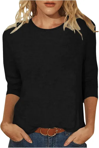 Miniatura 12 de Camisas de manga 3/4 para mujer, blusas casuales de verano 2026, cuello redondo, estampado floral, lindas, blusas holgadas 02 Beige