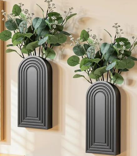 Miniatura 10 de DREAMLOOM Paquete de 2 jarrones de pared de madera con plantas artificiales de eucalipto, macetas para colgar en la pared, estilo bohemio y moderno