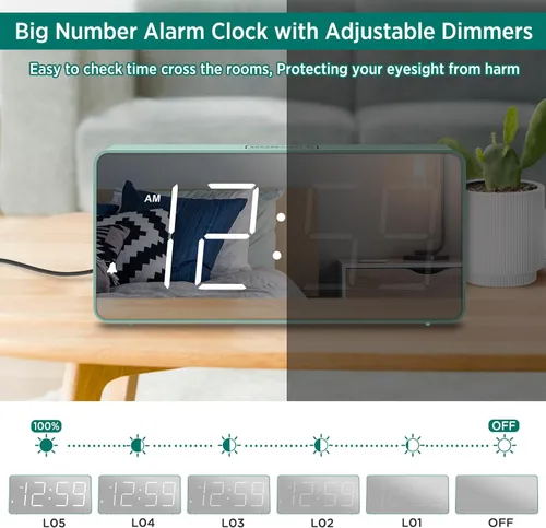 Miniatura 5 de Peakeep Reloj digital, reloj despertador alimentado por batería para dormitorios, esfera de espejo, números grandes, 6 atenuadores para personas