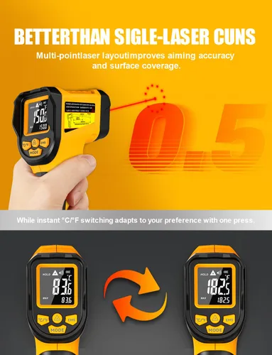 Miniatura 2 de NJTY Pistola Termómetro Infrarrojo, -58℉ a 1472℉, Alta Precisión, Sensor de Temperatura Láser Sin Contacto con Pantalla LCD Retroiluminada