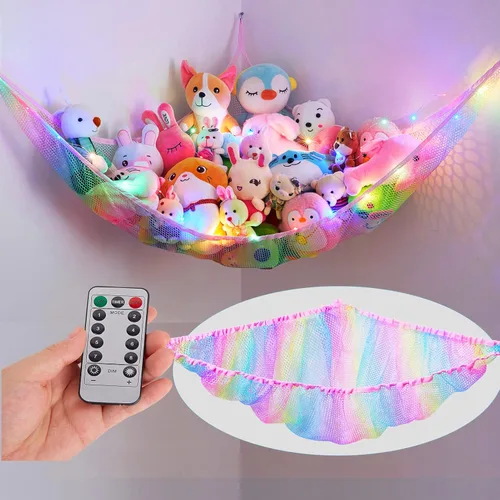 Miniatura 10 de Unicorn Castle Hamaca de red para animales de peluche, almacenamiento de juguetes para niños con luz LED, organizador de juguetes de felpa