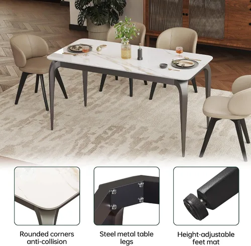 Miniatura 5 de Mesa de comedor, mesa de cocina de piedra sinterizada, mesa rectangular moderna de pizarra blanca de 55 pulgadas con patas de metal, mesa de comedor
