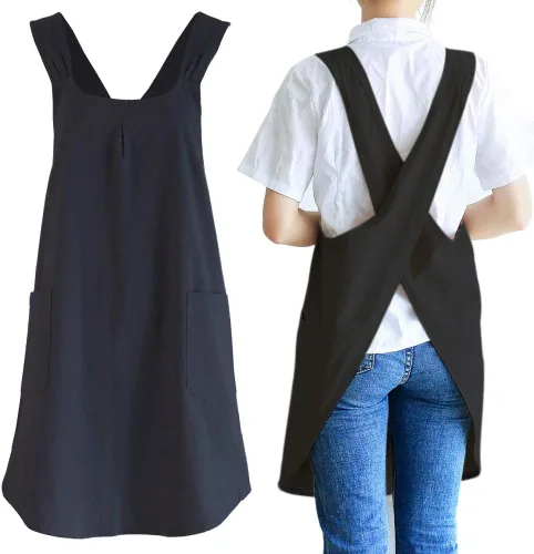 NEWGEM - Delantales de cocina de lino japonés para mujeres y hombres, con tirantes cruzados y bolsillos, para repostería y cocina 04 - Mujer Negro