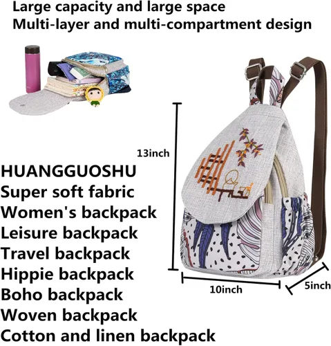 Miniatura 171 de HUANGGUOSHU Mochila de algodón tejida de algodón bohemio con bordado de lona estilo bohemio con múltiples bolsillos retro linda mochila cartera