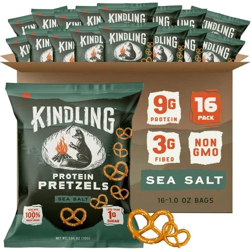 Kindling Pretzels proteicos - Sal marina | Bolsas de tamaño aperitivo llenas de proteínas | Kosher | 0.28-0.32 oz de proteína por porción | Sin