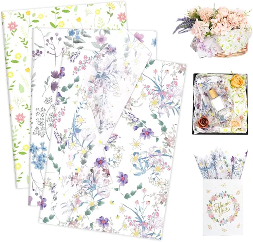 Larcenciel 60 hojas de papel de seda floral vintage, papel de seda de arte de flores silvestres para bolsas de regalo y embalaje, suministros de