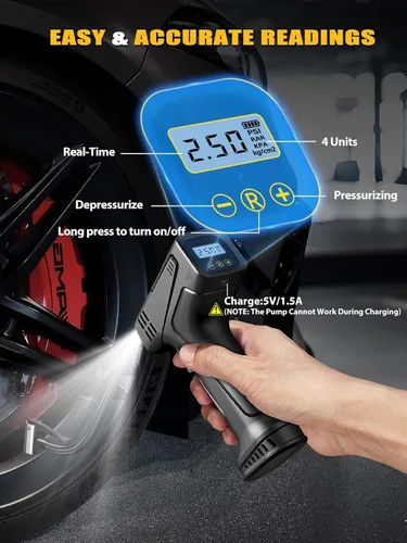 Miniatura 6 de Compresor de aire para inflado de neumáticos, bomba de aire de mano para neumáticos de automóvil con batería recargable, inflado rápido de 150 PSI
