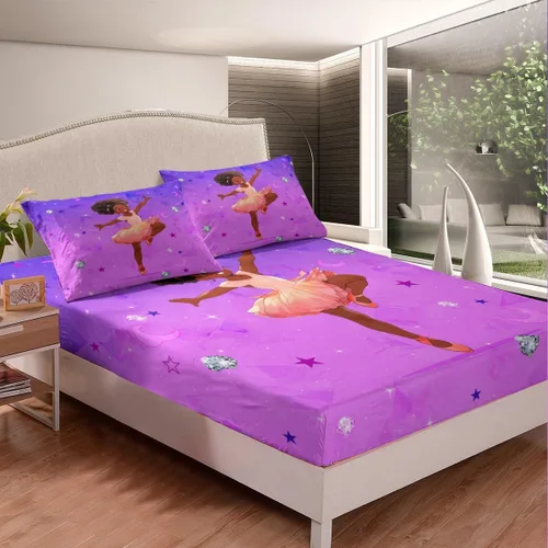 Miniatura 4 de Erosebridal Juego de sábanas tamaño individual para niñas negras y africanas americanas, juego de sábanas psicodélicas moradas de galaxia de ballet