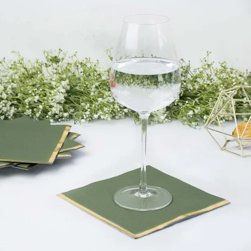 Efavormart 50 Pack | Servilletas de papel para fiestas de 2 capas suaves verde oliva con borde dorado de oro, servilletas para cenas, cócteles y