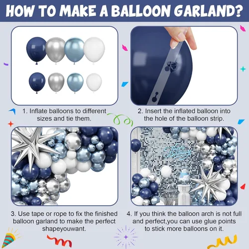 Miniatura 9 de Kit de arco de globos azul plateado, guirnalda de globos azul marino plateado con globos metálicos azul claro plateado globos de papel de aluminio