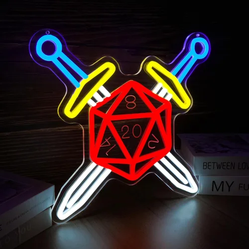 Miniatura 2 de Letrero de neón de espada y dados, decoración para juegos RPG, letrero de juego DND para sala de juegos, sala temática de dados, mesa de fantasía