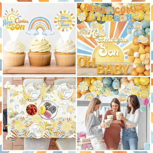 Miniatura 4 de Here Comes The Son Baby Shower Decor – Vajilla bohemia para fiesta de baby shower con arco de globos, decoración de tartas, decoración de pancartas